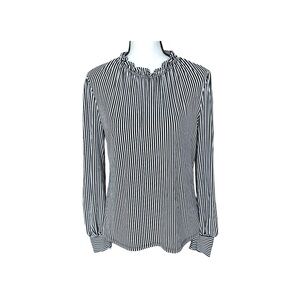 ADRIANNA PAPELL Women‎ Stretch Comfy Blouse Classy Black White Stripe Ruffle M